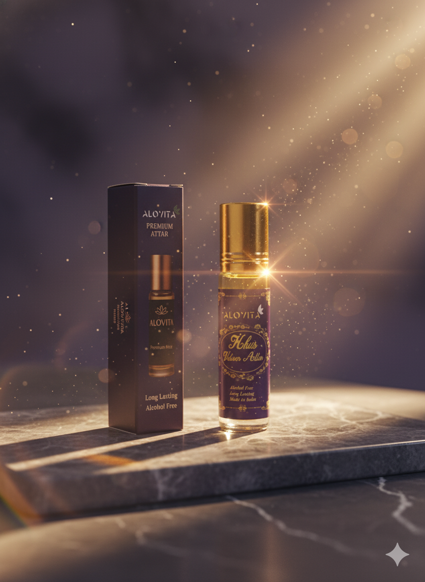 Instrucciones de cómo aplicar el perfume Alovita en los puntos de pulso sobre un fondo de seda púrpura