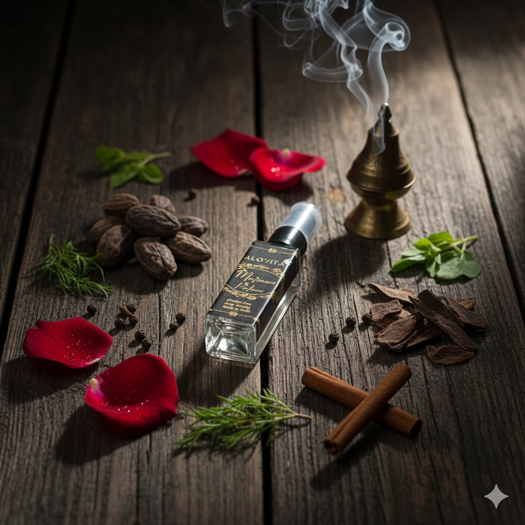 Ingredients of Alovita Royal Oud Intense, including oud wood and saffron